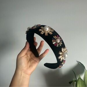 Embellished Black Headband with Pearls and Gems